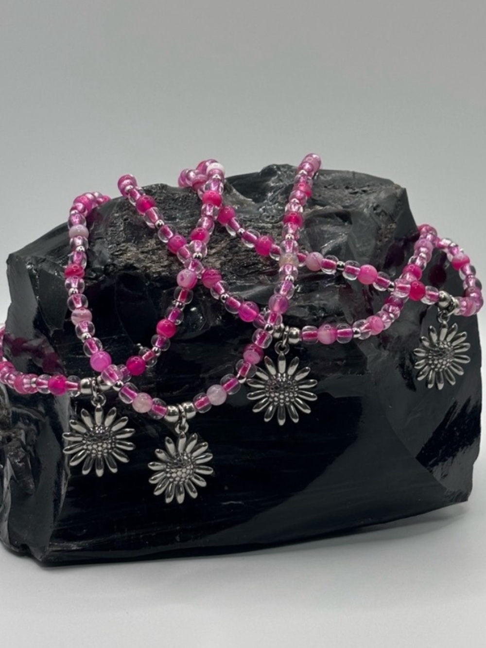 *ANKLET* Silver Flower with Pink Agate Stretchy Anklet
